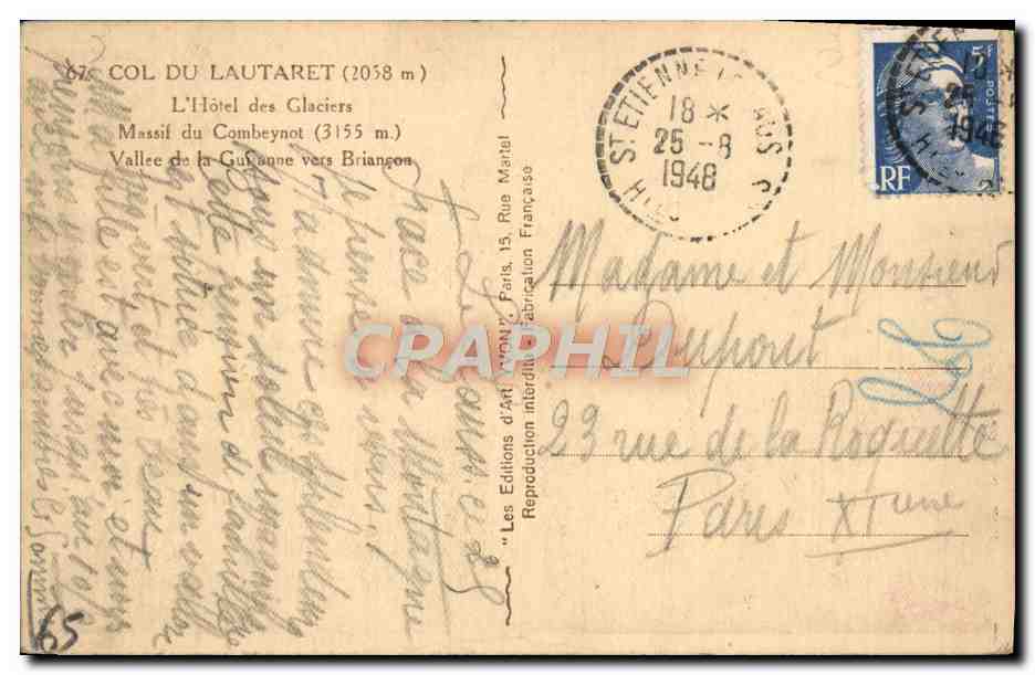 Col du Lautaret (2058 m) — L'Hôtel des Glaciers — Les Éditions d'Art Marial, Paris — Verso