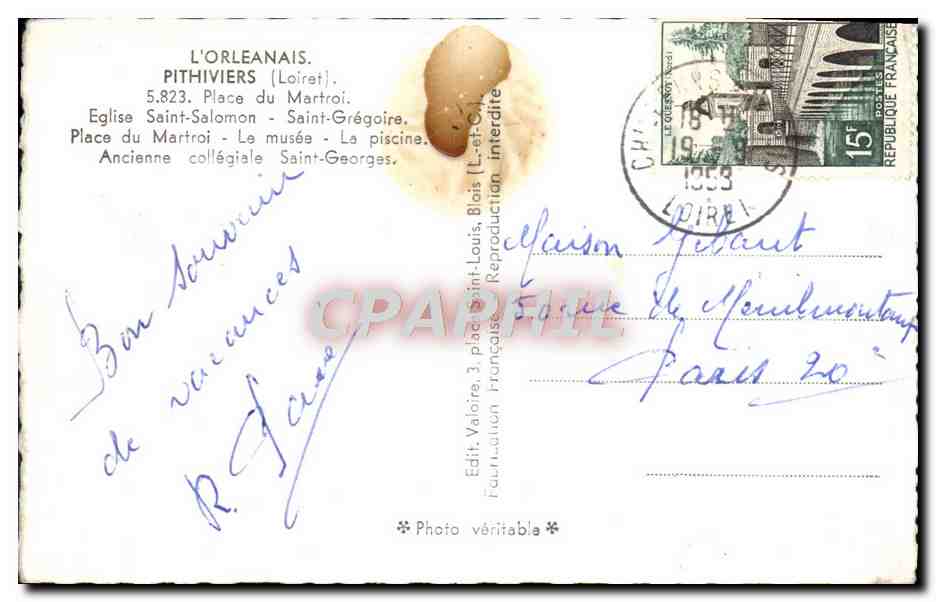 Pithiviers — vue panoramique — Édit. Valoire, 3, place Saint-Louis, Blais (Loiret) — Verso