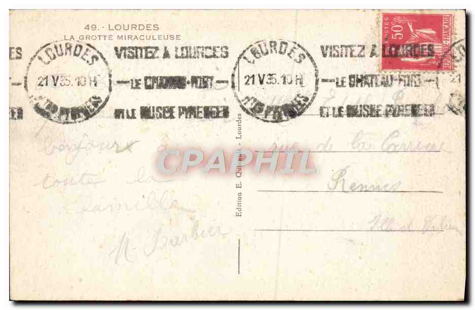 CPA Lourdes La Grotte Miraculeuse — Verso