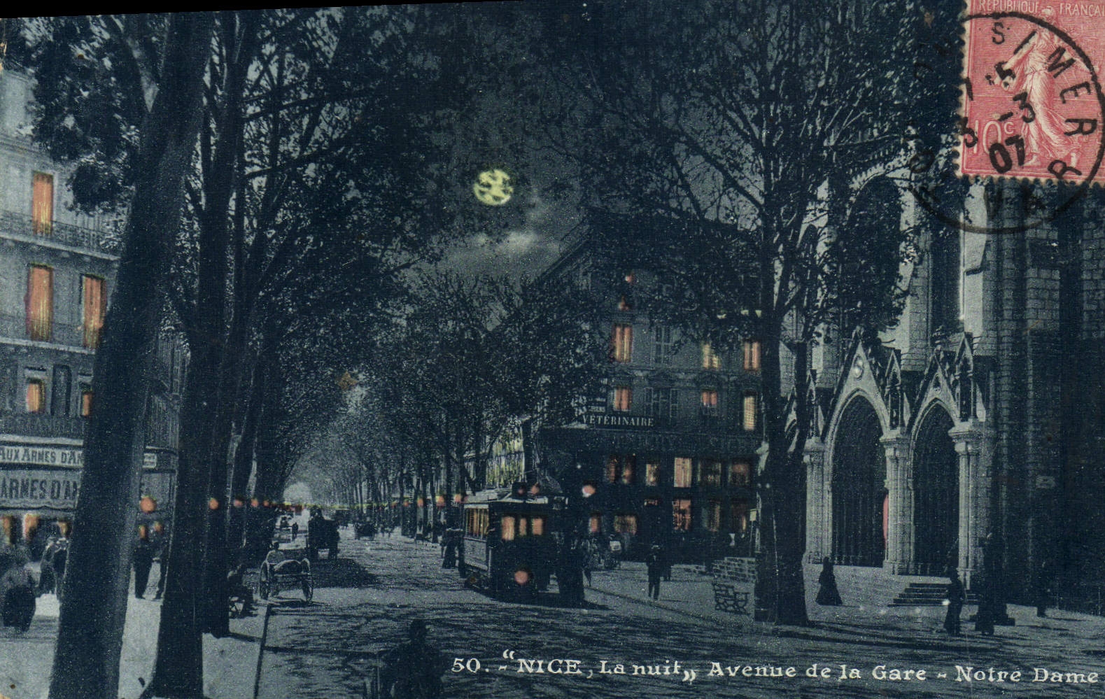 CPA Nice La nuit Avenue de la Gare Notre Dame Tramway