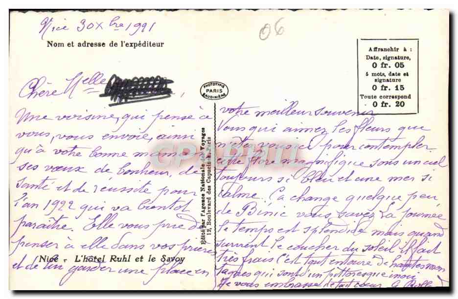 CPA Nice L'Hotel Ruhl et le Savoy — Rückseite