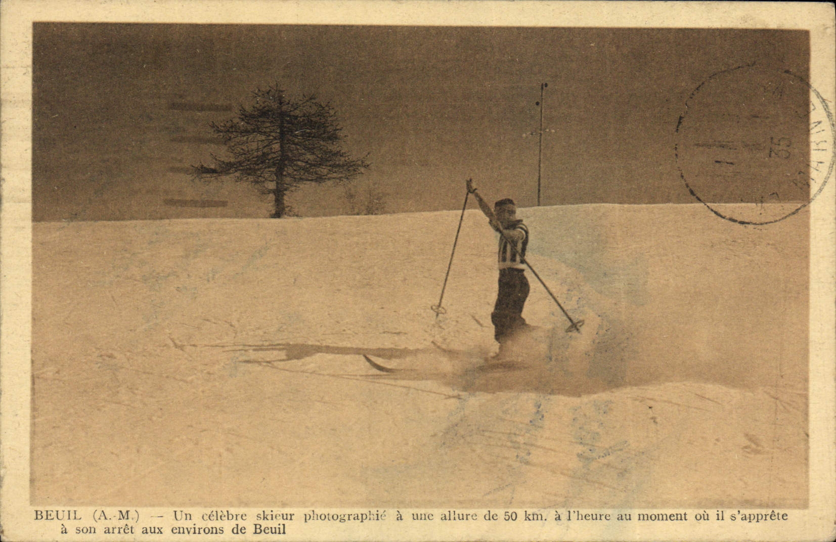 Antike Ansichtskarte Beuil Ein berühmter Skifahrer Fotografie bei einer Geschwindigkeit von 50 km Ski