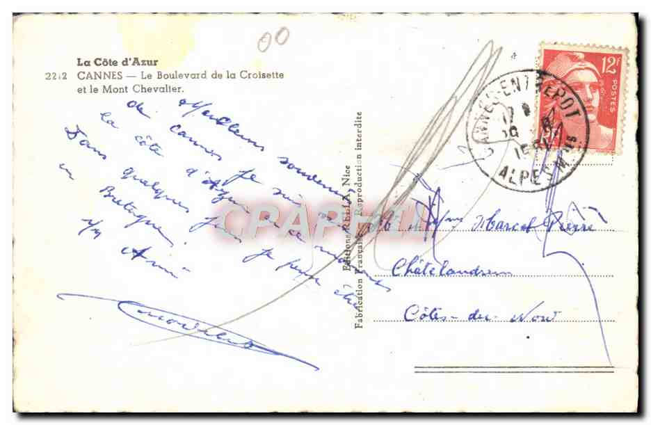 CPM Cannes Le Boulevard de la Croisette et le Mont Chevalier — Verso