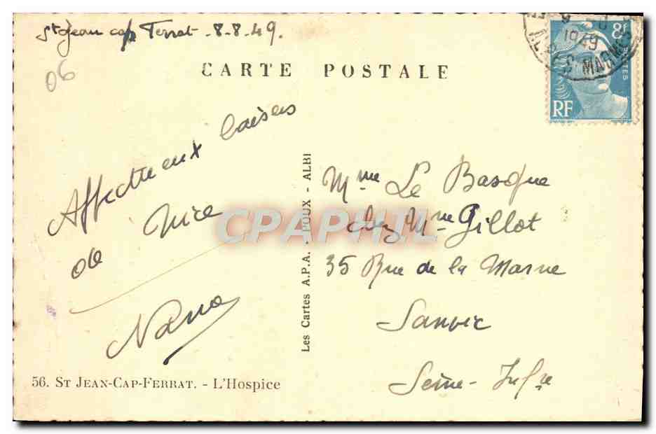 CPA Saint Jean Cap Ferrat L'Hospice — Back