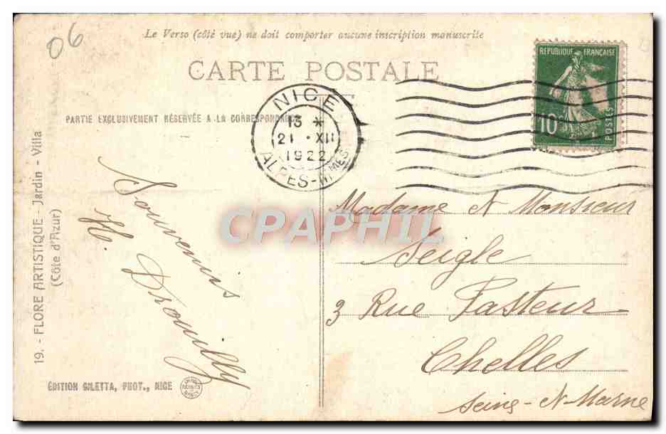 CPA Flore Artistique Jardin Villa Palmiers — Rückseite