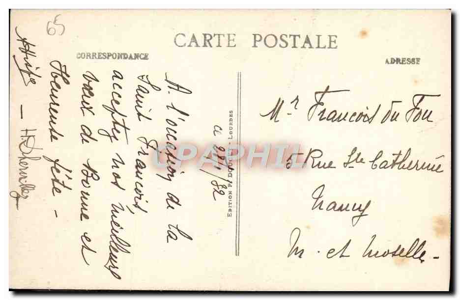 CPA Lourdes Le Chateau fort et le Gave de Pau — Verso