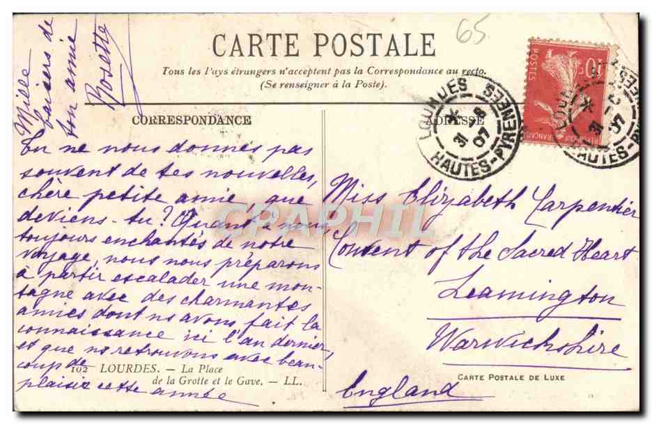 CPA Lourdes La Place de la Grotte et le Gave — Verso