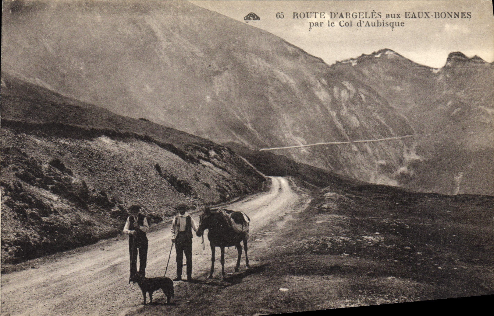 CPA Route D'Argeles Aux Eaux Bonnes par le Col d'Aubisque Cheval Chien Hommes Folklore 