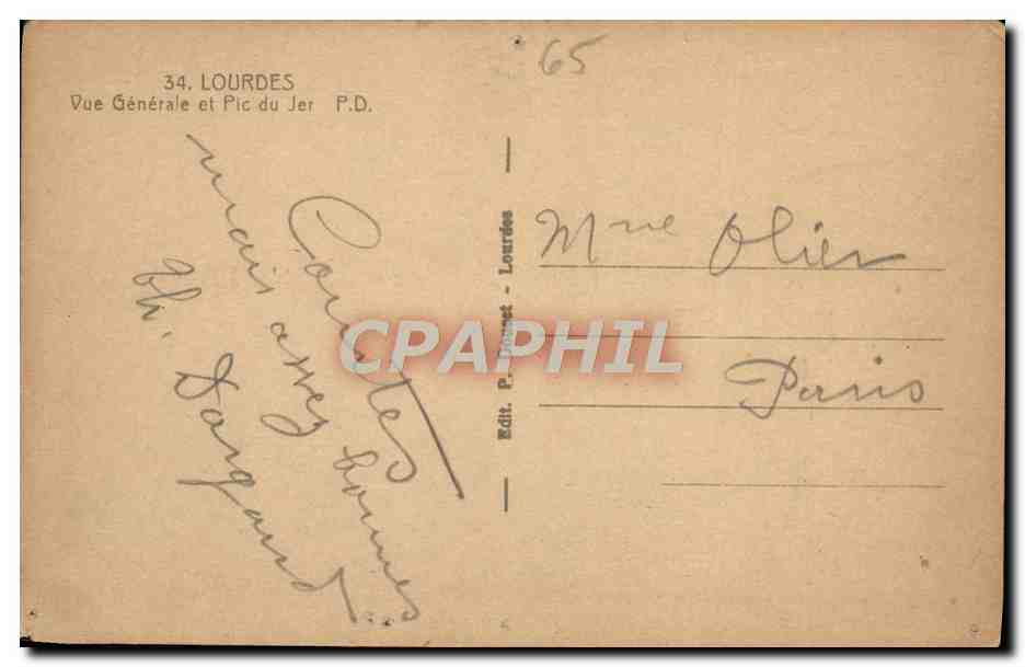 CPA Lourdes Vue Generale et Pic du Jer — Verso