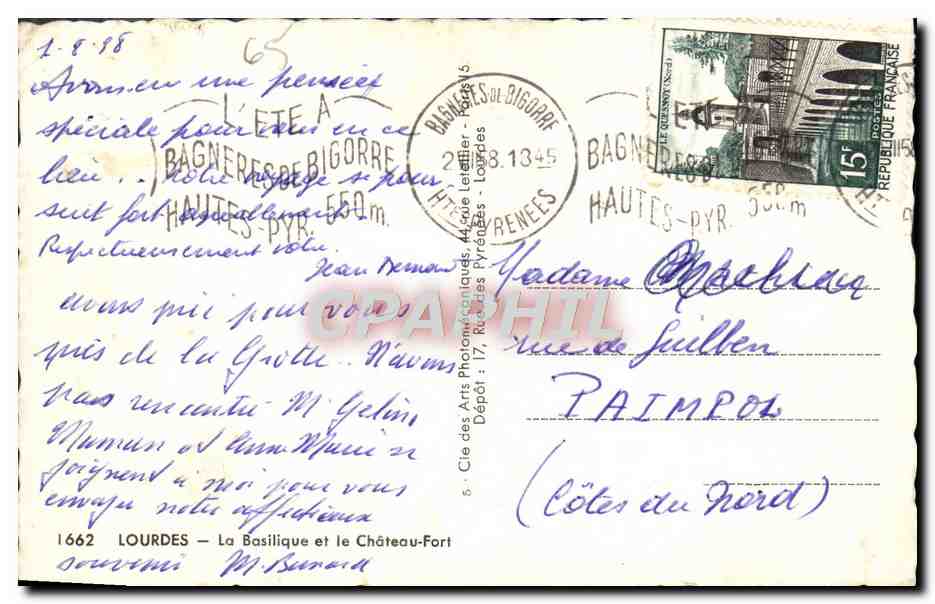 CPA Lourdes La basilique et le chateau fort  — Verso