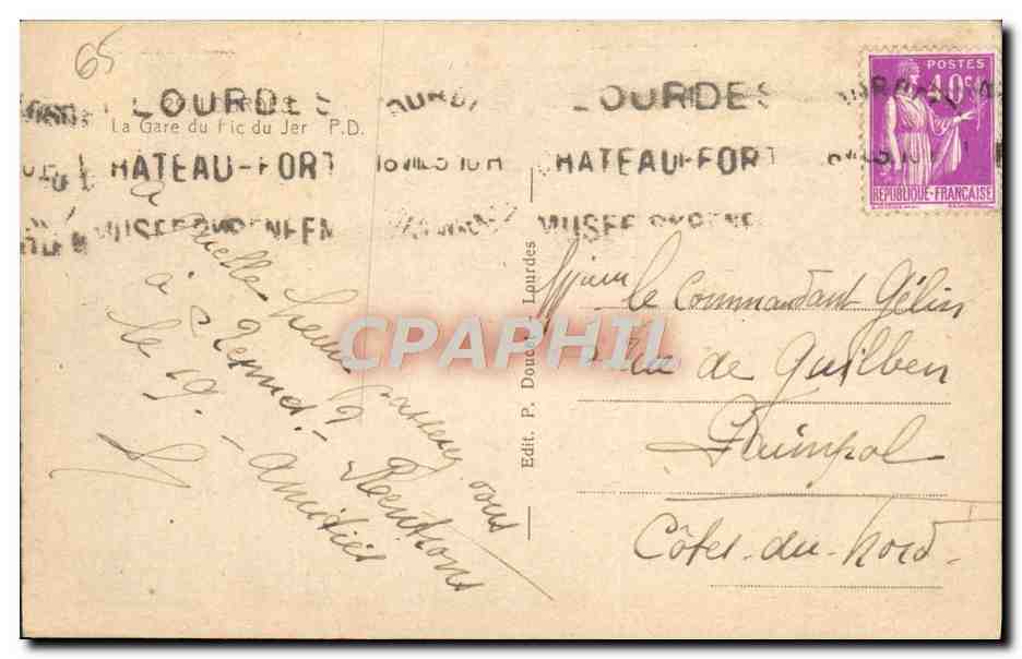 CPA Lourdes La gare et le Pic du Jer — Verso