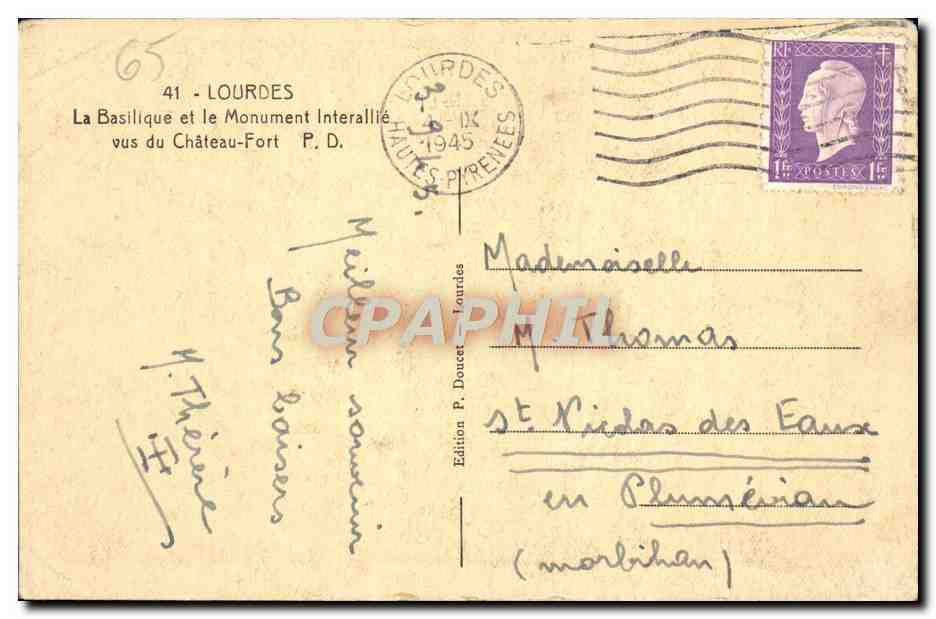 CPA Lourdes La Basilique et le Monument Interallie — Verso
