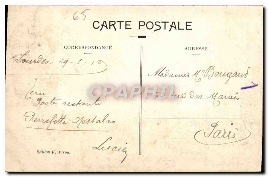 CPA Lourdes Le Chateau et la Ville — Verso