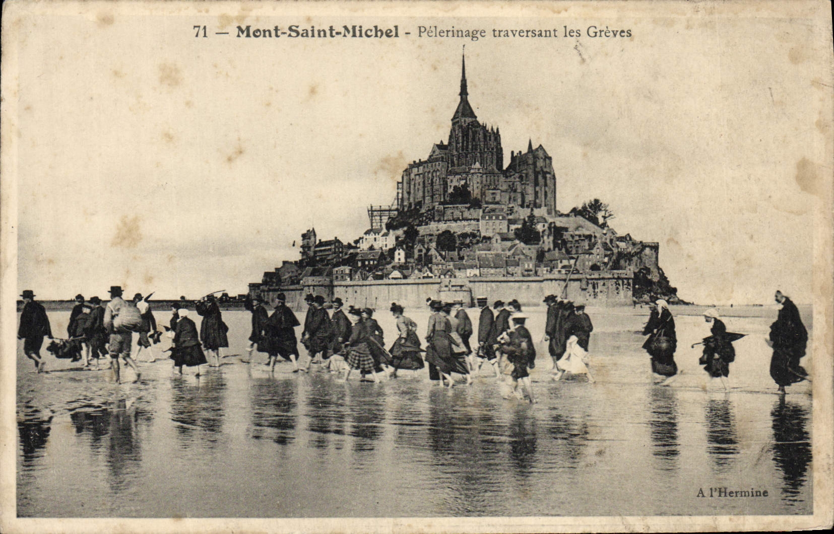 Antike Ansichtskarte Mont Saint Michel Pilgerreise über die Sandflächen