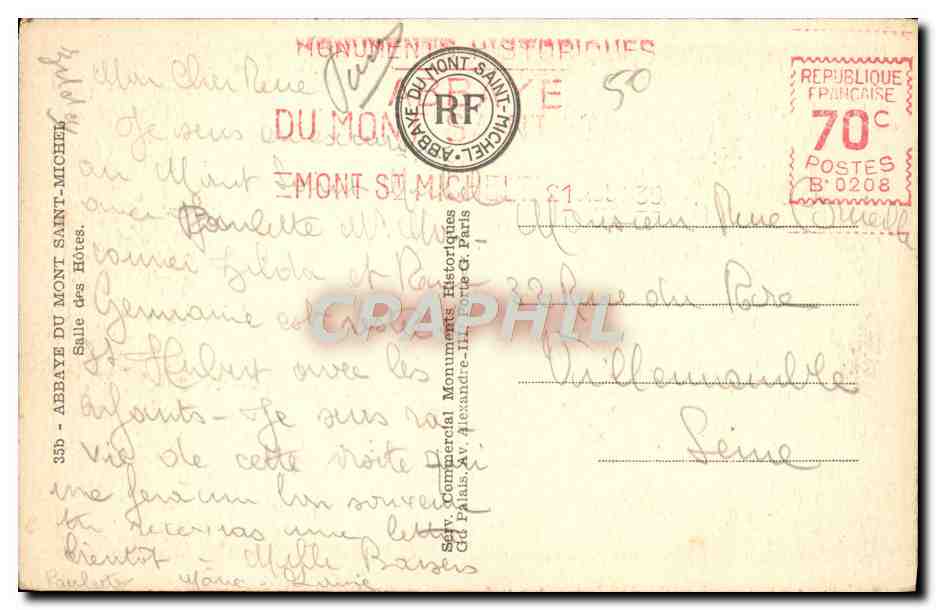 CPA Mont St Michel Abbaye Salle des hotes — Verso