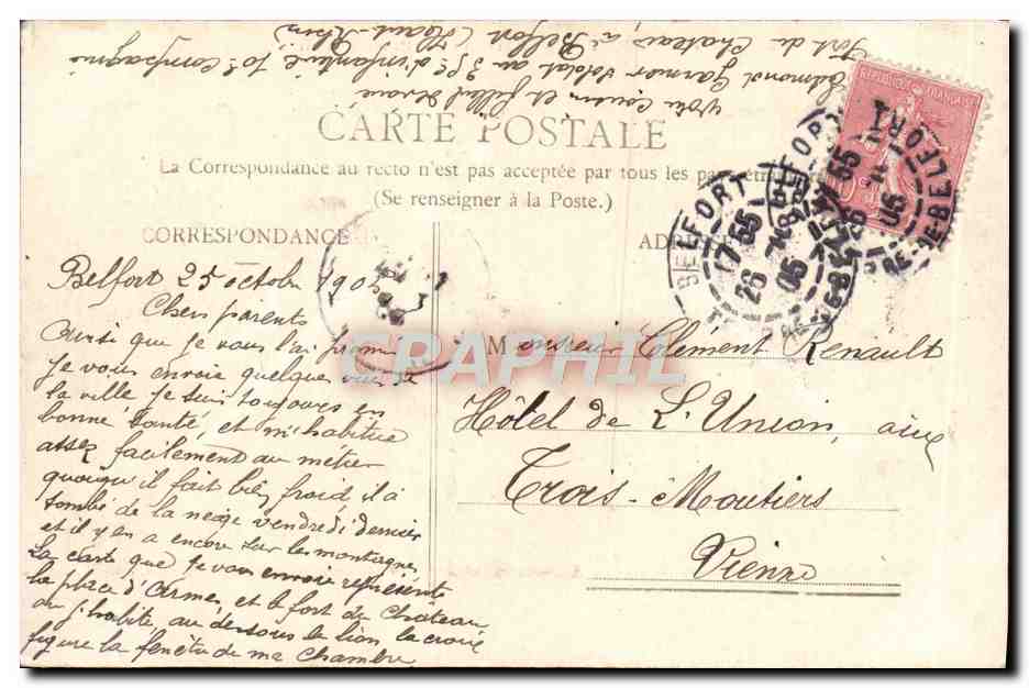 CPA Belfort Le Chateau et la Place d'Armes — Verso