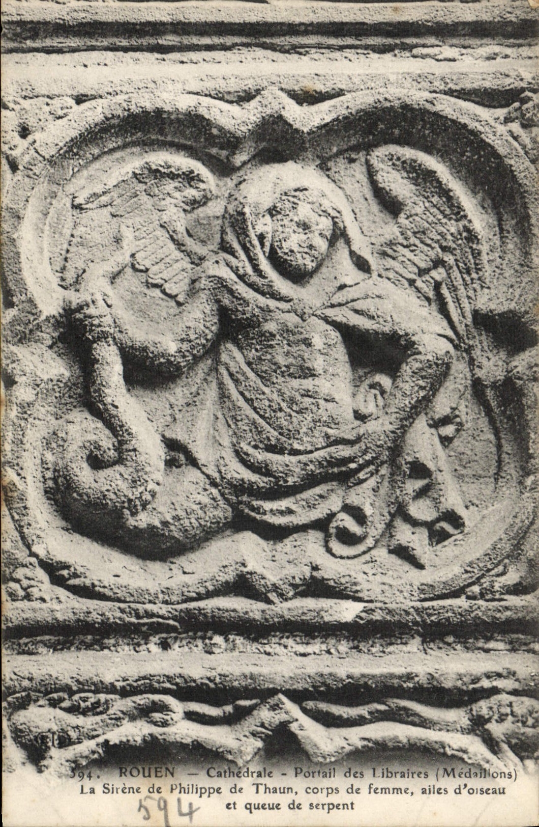 CPA Rouen Cathedrale Portail des Libraires Medaillons la Sirene de Philippe de Thaun corps femme ailes oiseau serpent
