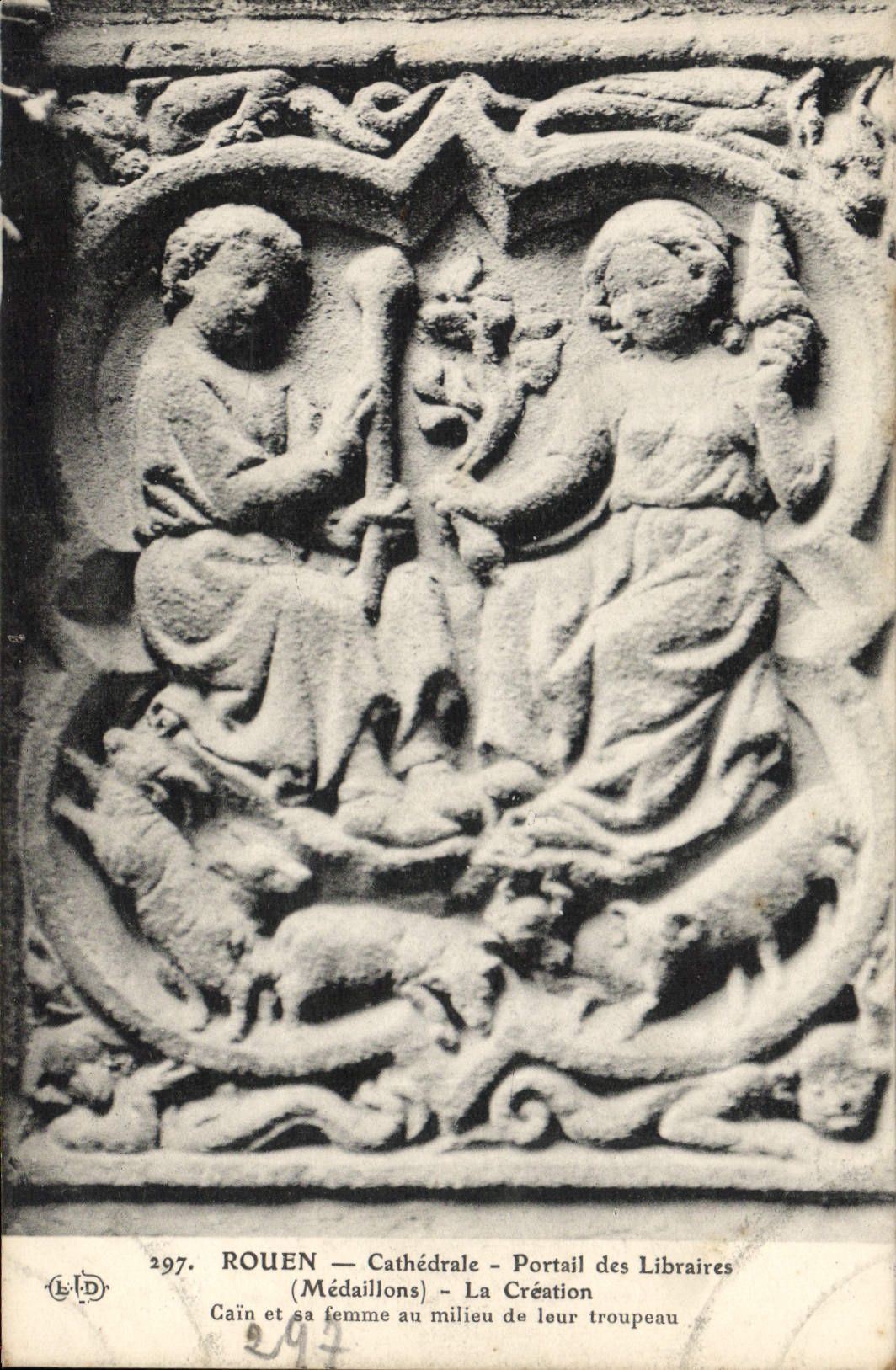 CPA Rouen Cathedrale Portail des Libraires Medaillons Cain et sa femme au milieu de leur troupeau 