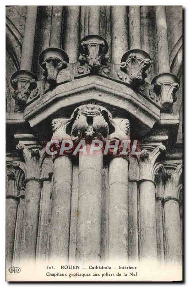 CPA Rouen Cathedrale Interieur Chapitaux grotesques aux piliers de la nef