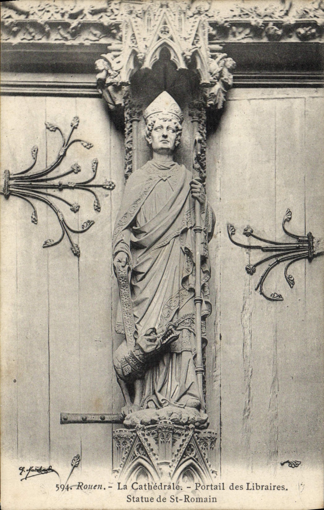 CPA Rouen La Cathedrale Portail Des Libraires Statue de St Romain
