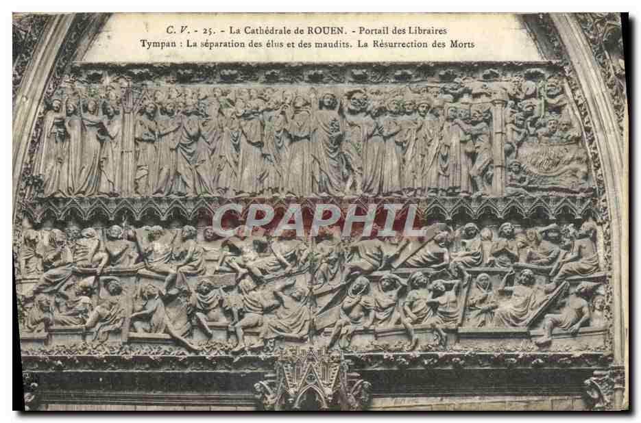 CPA La Cathedrale de Rouen Portail des Libraires Tympan La separation des elus et des maudits La resurrection des morts