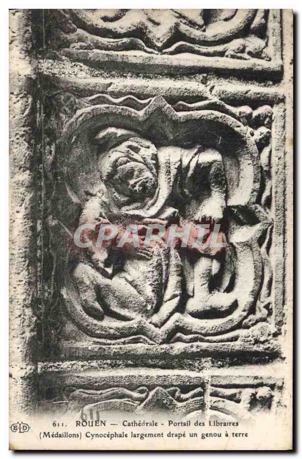 CPA Rouen Cathedrale Portail des Libraires Medaillons Cynocephale largement drape un genou a terre