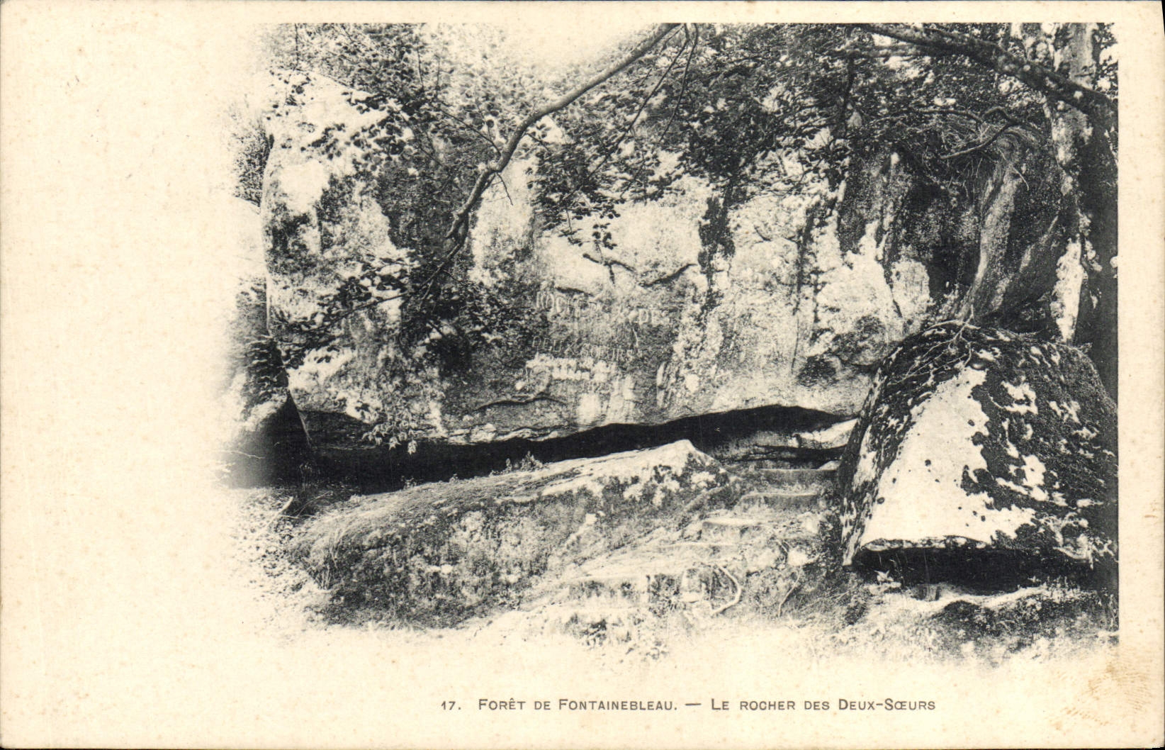 Wald von Fontainebleau — Der Felsen der Zwillings-Schwestern — Phototypie A. Bugey & R. Thévenel, n°17