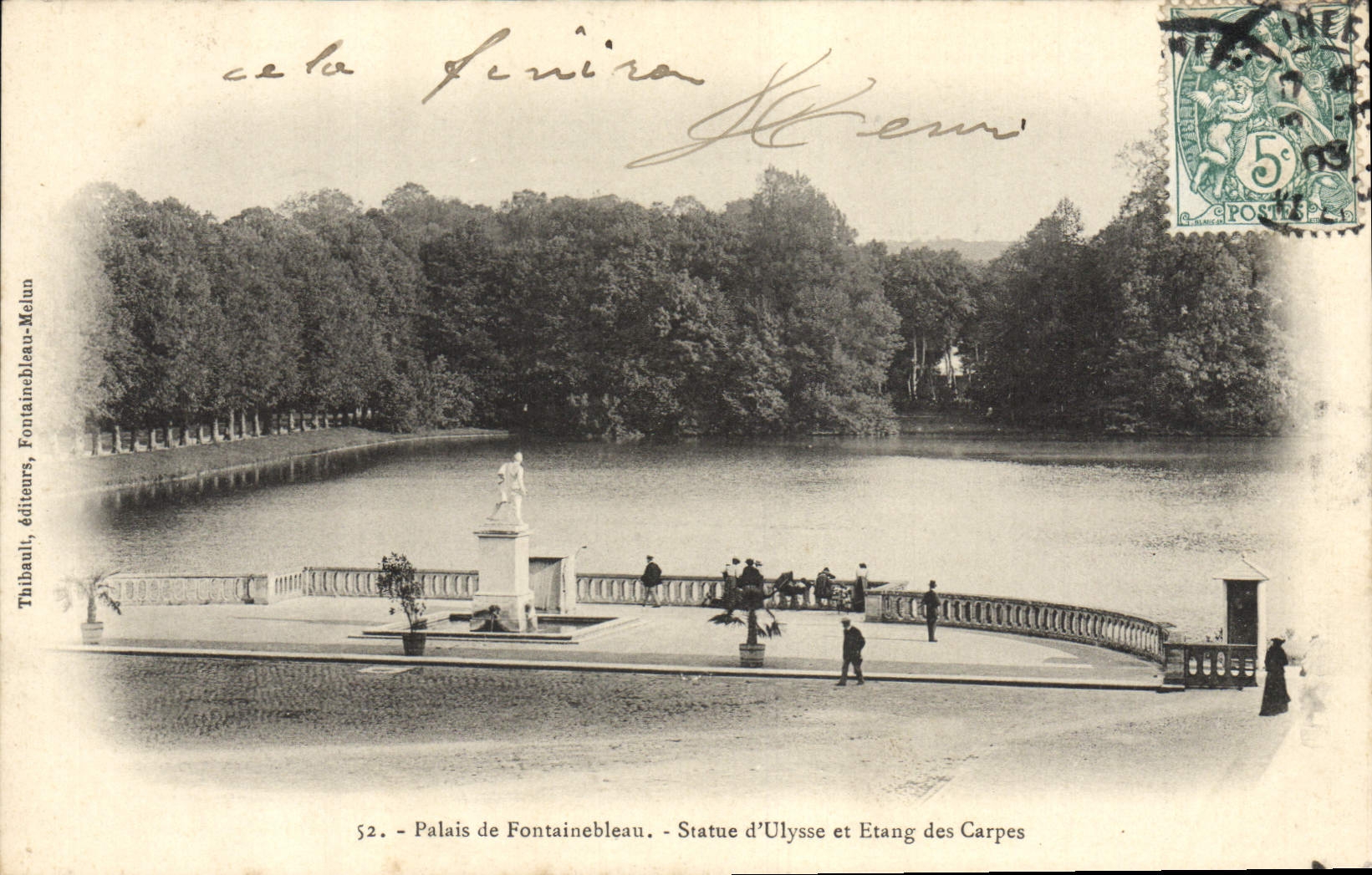 Palacio de Fontainebleau — Estatua de Ulises y Estanque de las Carpas — Thibault, editores, Fontainebleau-Meulan