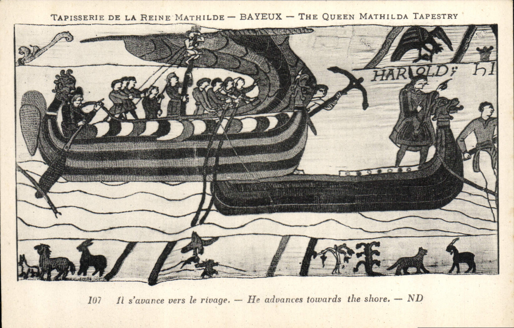 Tapisserie de la Reine Mathilde — Bayeux — The Queen Mathilda Tapestry — scène de Harold avançant vers le rivage — n°107