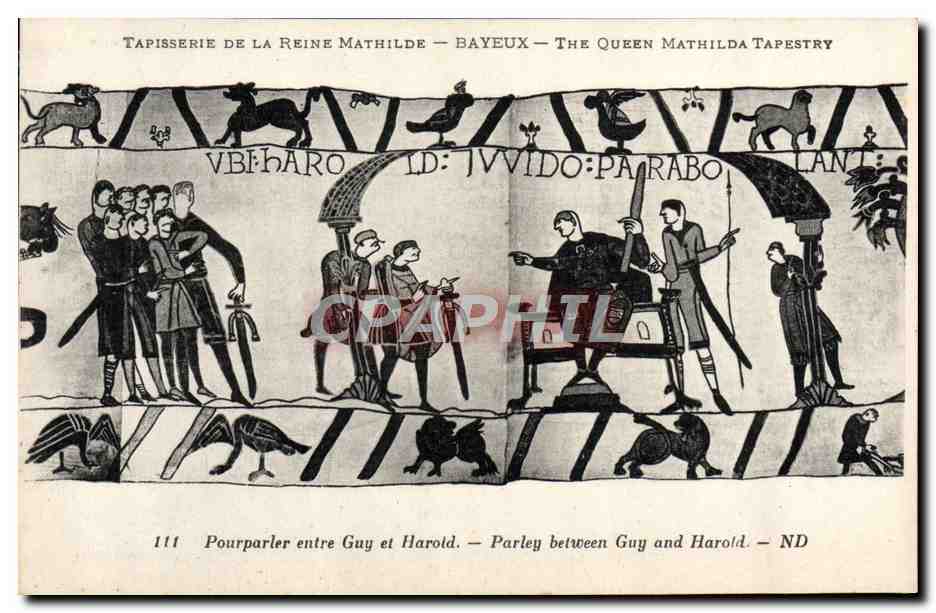 CPA Tapisserie de la Reine Mathilde Bayeux Pourpaler entre Guy et Harold 