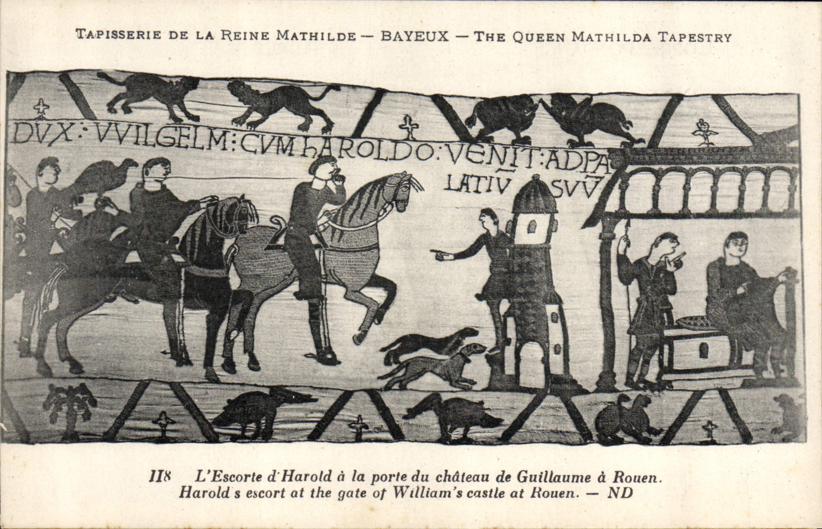 Tapisserie de la Reine Mathilde — Bayeux — The Queen Mathilda Tapestry — scène II8 : L'Escorte d'Harold à la porte du château de Guillaume à Rouen