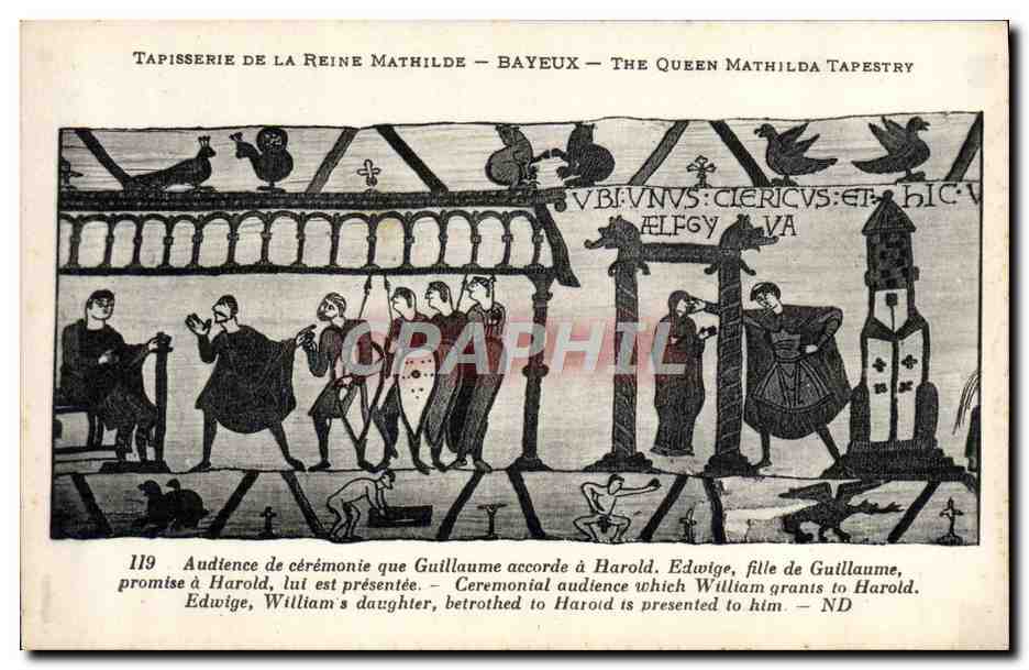 Tapisserie der Königin Mathilde — Bayeux — Szene 119: Zeremonielle Audienz, bei der Edwige Harold versprochen wird