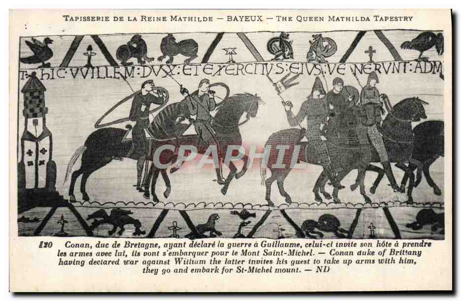Tapisserie de la Reine Mathilde — Bayeux — The Queen Mathilda Tapestry — scène 120 : Conan, duc de Bretagne, invite Guillaume à prendre les armes pour le Mont Saint-Michel