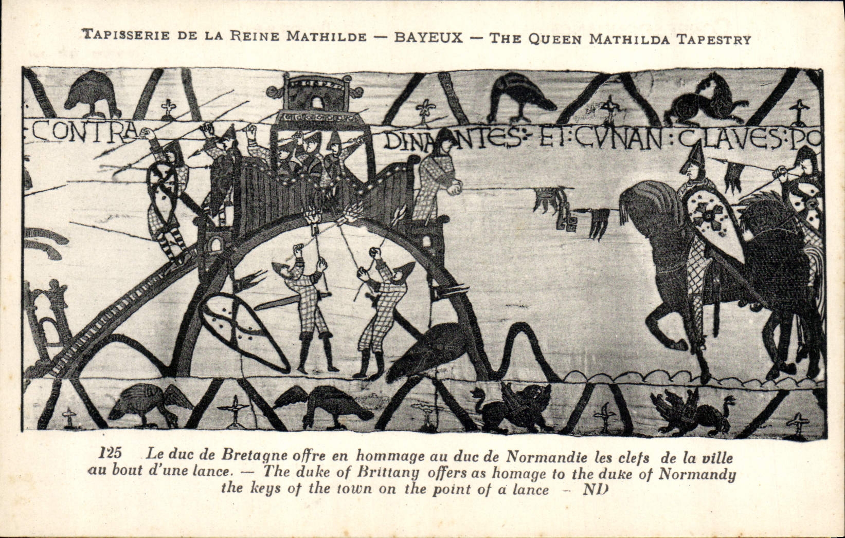 Tapisserie de la Reine Mathilde — Bayeux — scène du duc de Bretagne offrant les clefs de la ville au duc de Normandie — éditeur CPAPHIL, n° 125