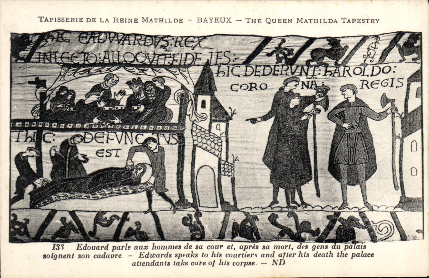 Tapisserie de la Reine Mathilde — Bayeux — The Queen Mathilda Tapestry — scène d'Edouard parlant à ses hommes de cour et de la prise en charge de son cadavre après sa mort