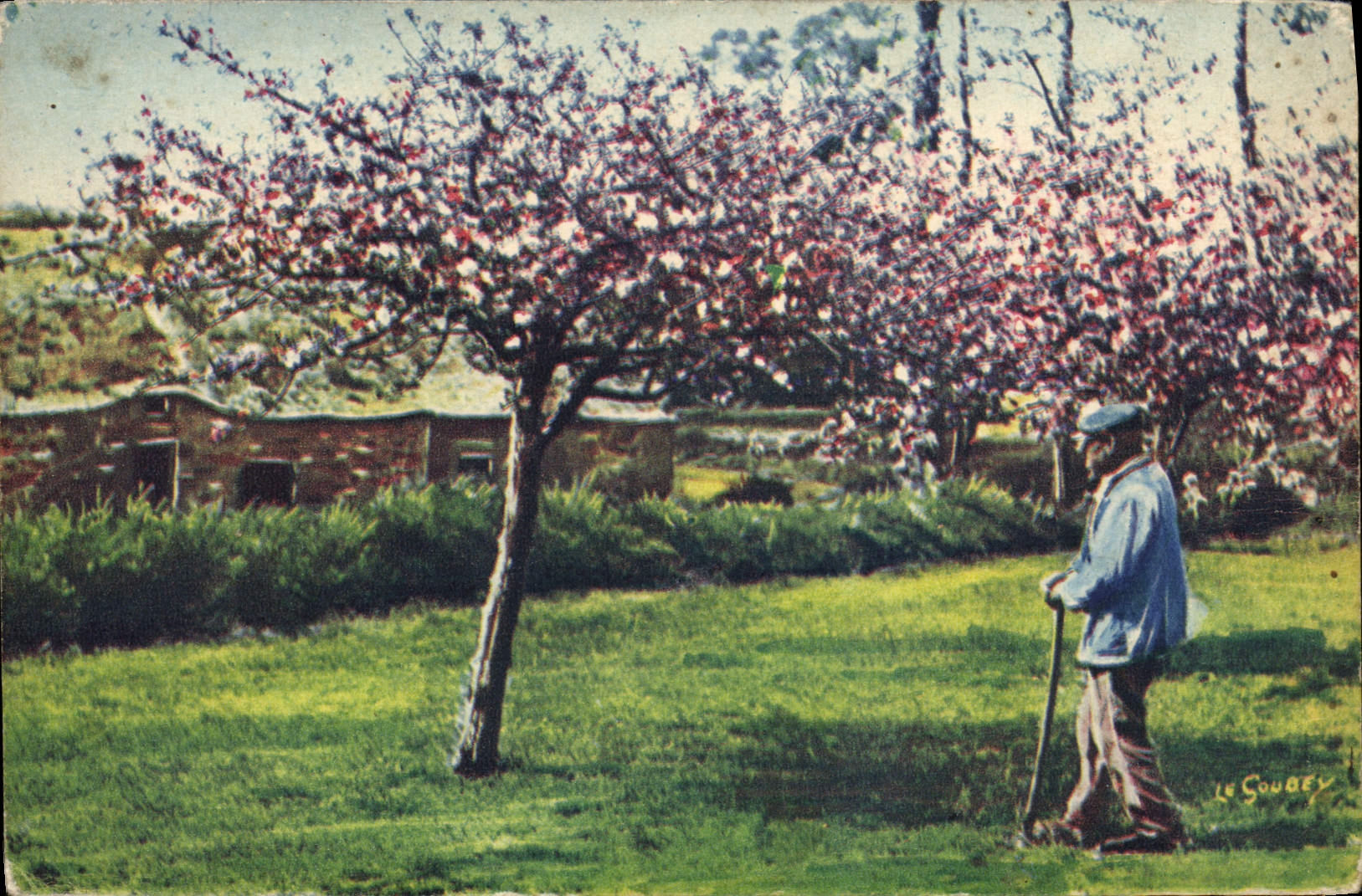 Paysage de printemps avec homme au bâton — Le Soubey, série 2759-56
