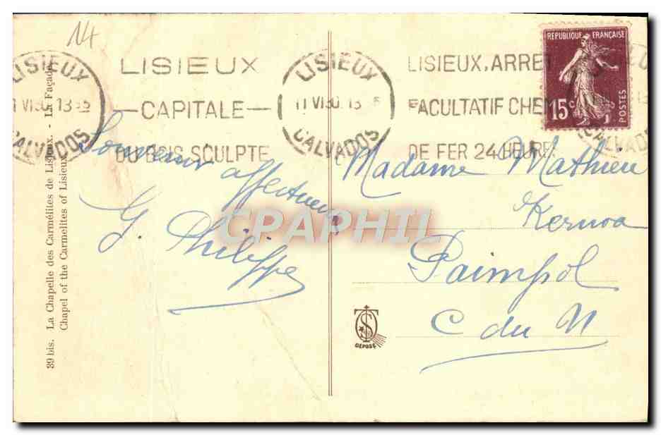 CPA Lisieux Chapelle des Carmelites  — Rückseite