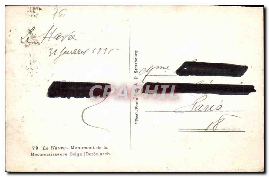 CPA Le Havre Monument de la Reconnaissance Belge  — Rückseite