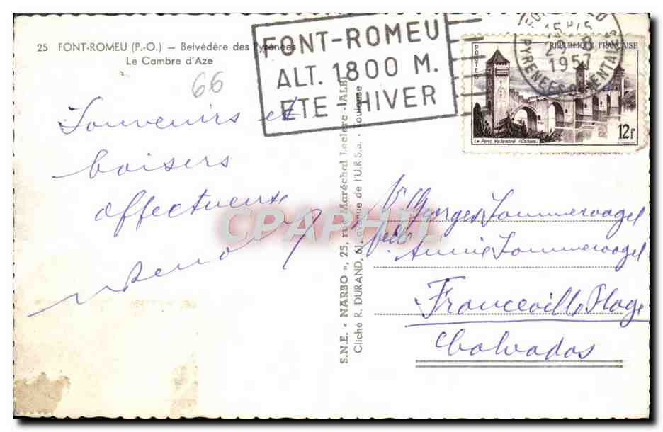 CPM Font Romeu Belvedere des Pyrenees Le Cambre d'Aze — Verso