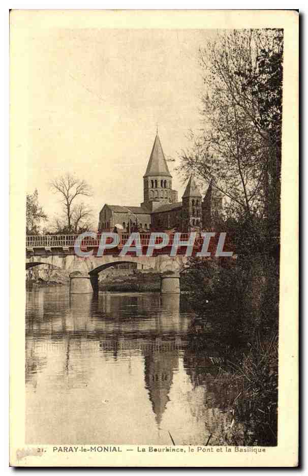 CPA Paray le Monial La Bourbince Le pont et la Basilique
