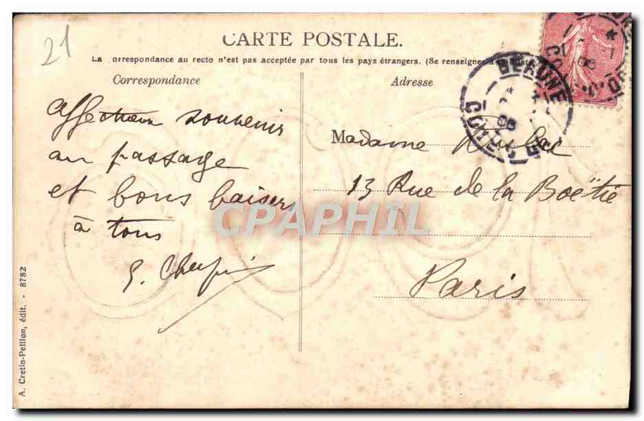 Beaune (Côte d'Or) — vue panoramique des monuments en 1906 — A. Cretin-Pellion, édit. 8782 — Rückseite
