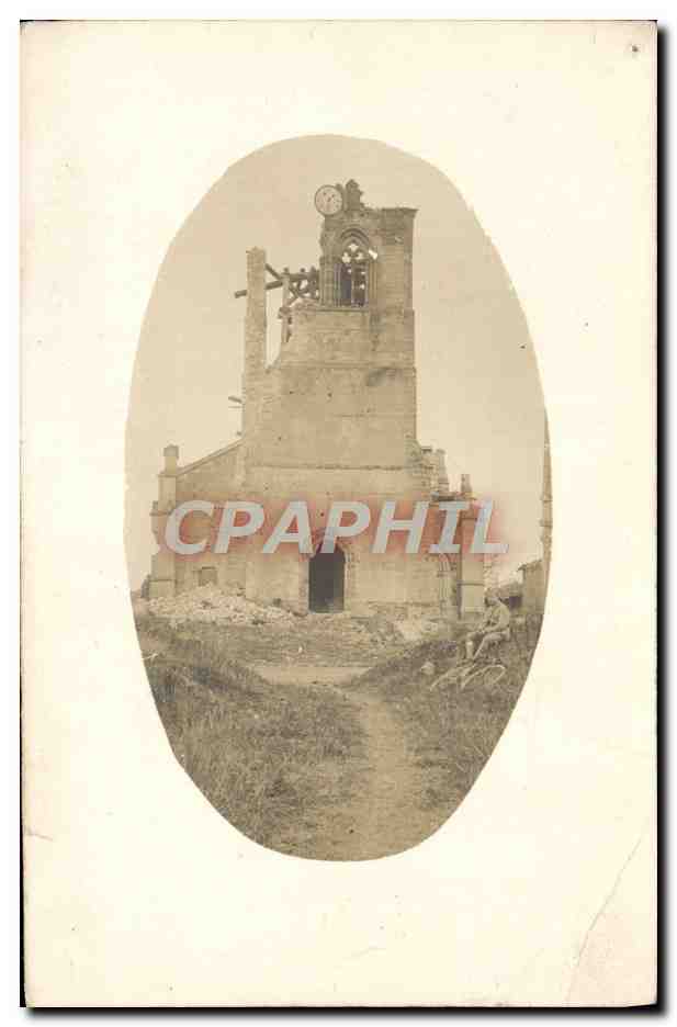 Église en ruine — Tour clocher avec horloge — Carte postale ancienne
