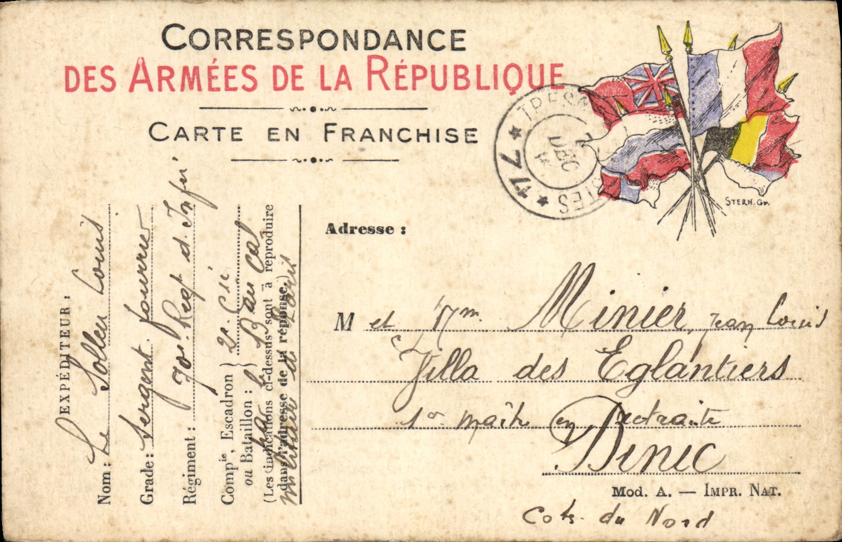 Carte en Franchise Militaire Minier Villa des Eglantiers Binic pour Solleu 
