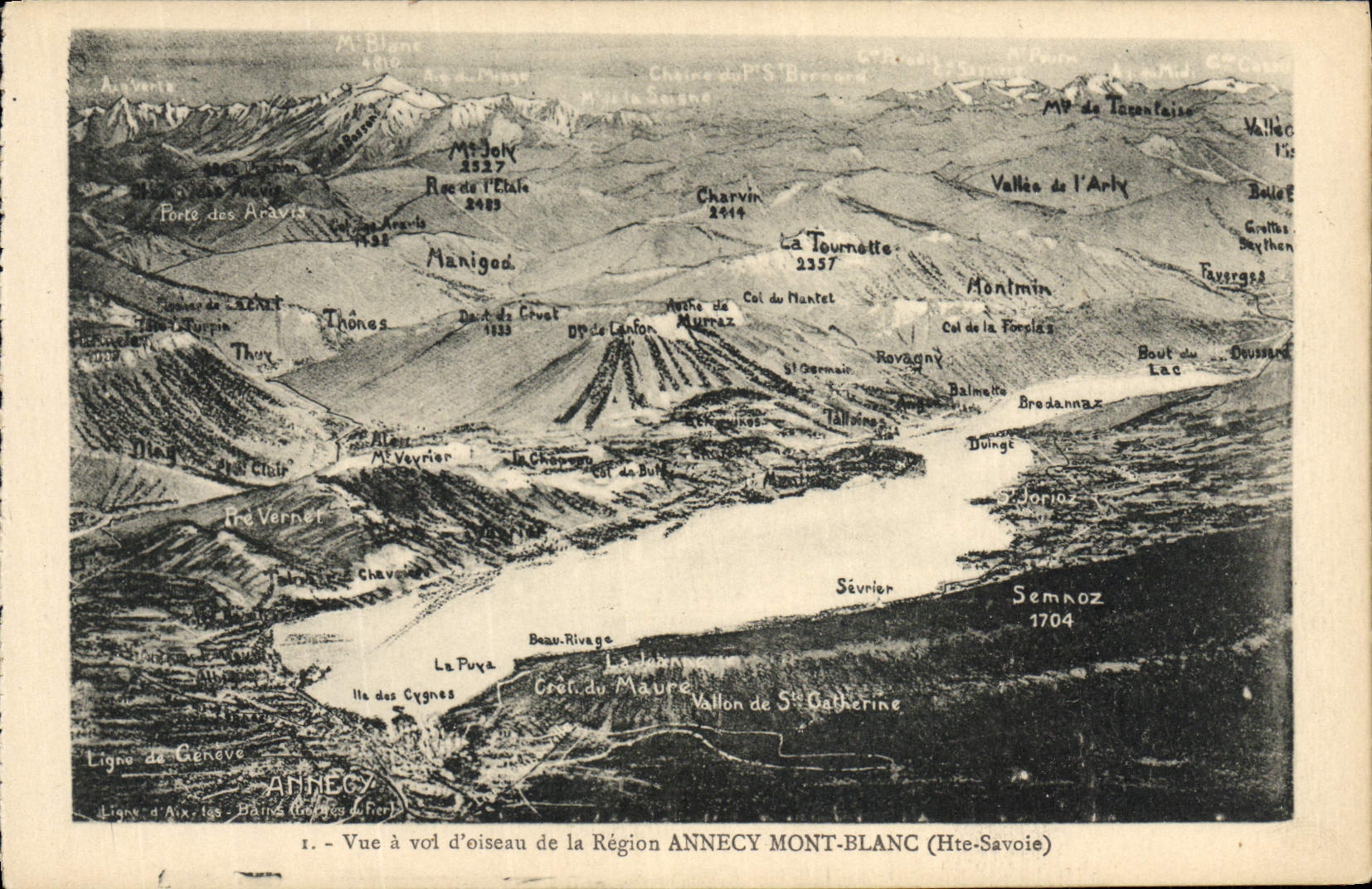 Vue à vol d'oiseau de la Région Annecy Mont-Blanc (Hte-Savoie) — L. Faurez, édit., Annecy (Hte-Savoie)