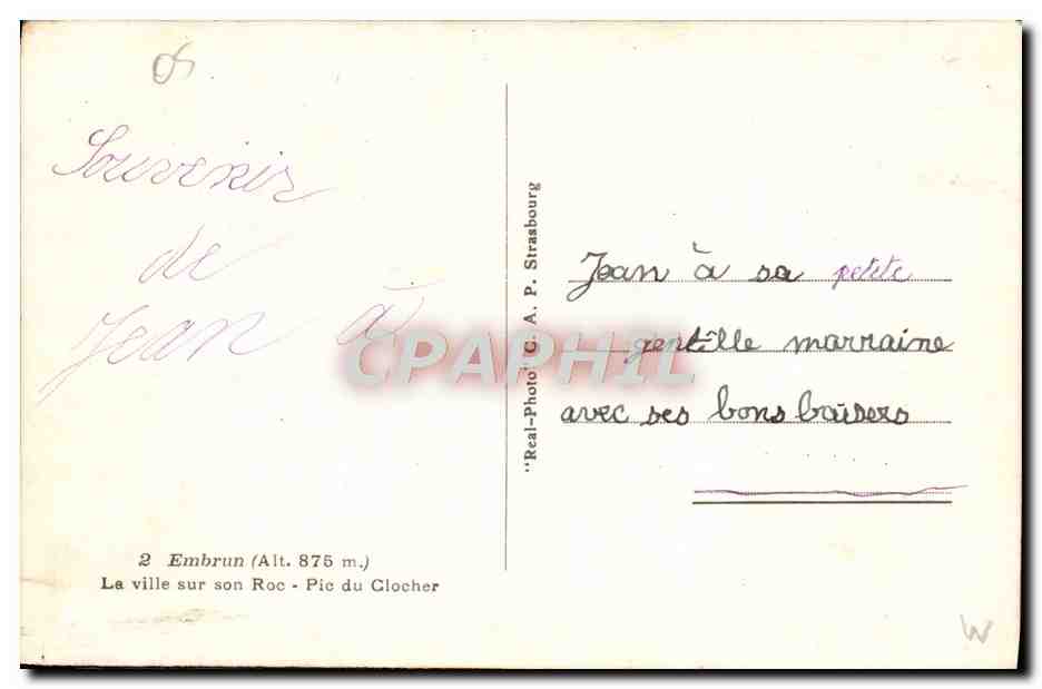 Embrun — La ville sur son Roc - Pic du Clocher — Real-Photo C. A. P. Strasbourg — Rückseite