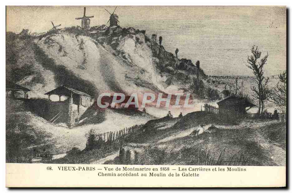 CPA Vieux Paris Vue de Montmartre en 1858 Les Carrieres et les Moulins Chemin accedant au Moulin de la Galette