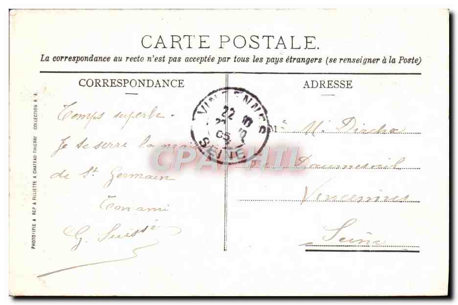 St-Germain-en-Laye - Le Château vu du Parc — Éditeur R. Fillet, n° 2875 — Verso