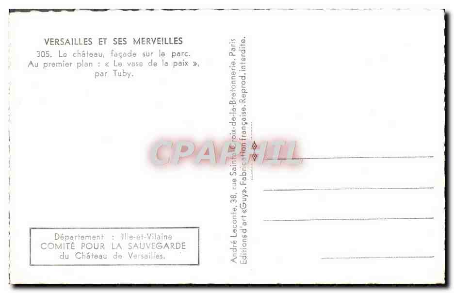 CPM Versailles Et Ses Merveilles Le chateau facade sur le parc Le vase de la paix  — Verso