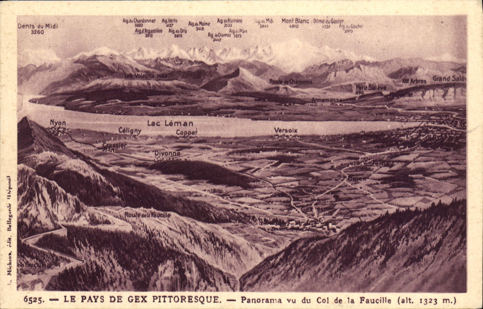 Le Pays de Gex pittoresque — Panorama vu du Col de la Faucille (alt. 1323 m.) — L. Michaux, édit. Bellegrande (Déposé)