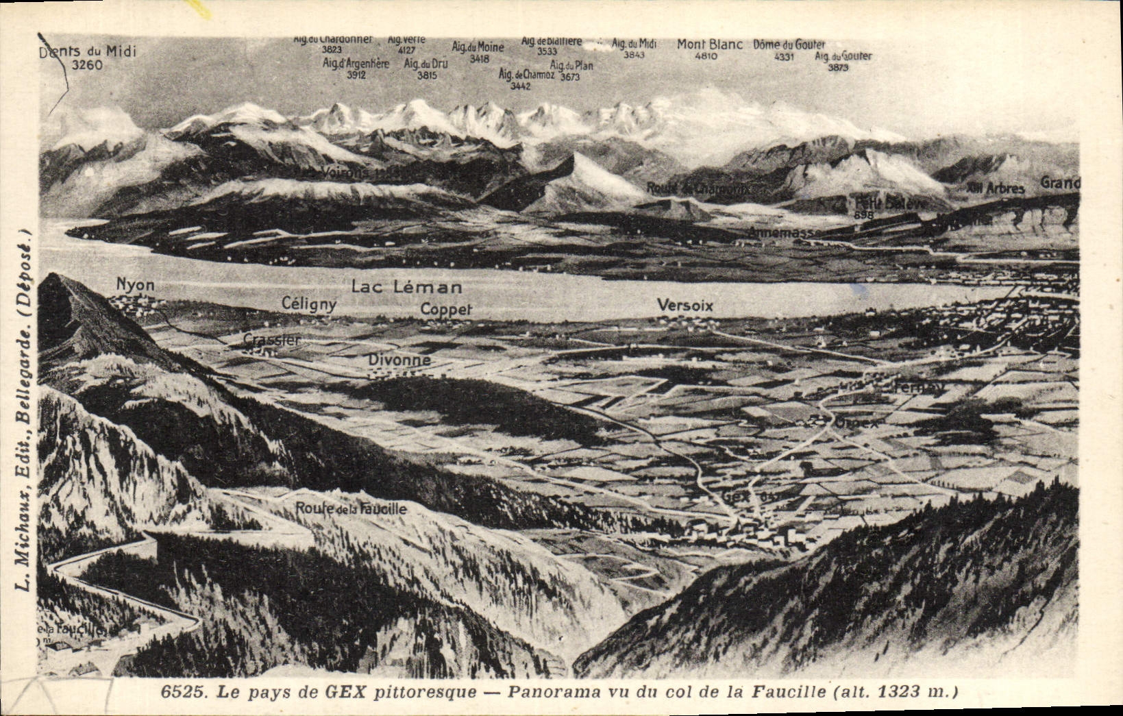 Pays de GEX pittoresque — Panorama vu du col de la Faucille (alt. 1323 m.) — L. Michaux, Édit., Dépostarde, n° 6525